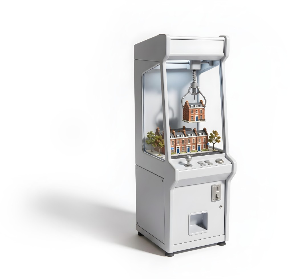 A claw machine lifting a UK terraced house from a street of homes